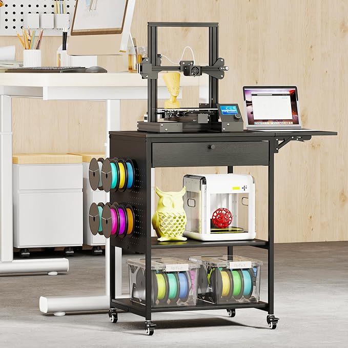 3D Printer Stand with 40pcs Filament Storage,4 Tier 3D Printer Table Printer Stand with Wheels, Heavy Duty Filament Storage Rack with Drawers and Spool Hooks for Studio, Home Office