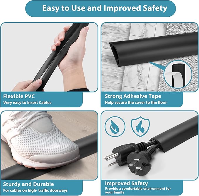 Cord Hider Floor, 3FT, Beige Cord Cover Floor, Cord Protector Floor Extension Cable Cover, Soft PVC Wire Covers - Cable Management Hide Cords on Floor - Cord Cavity: 0.7" (W) x 0.4"(H)