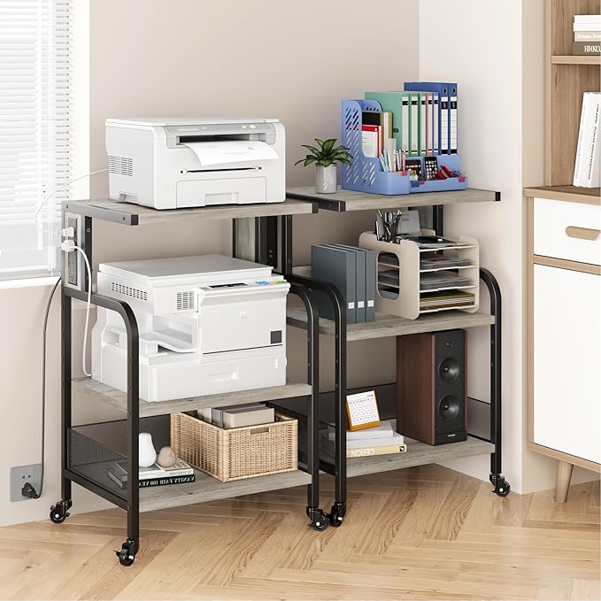 GarveeLife Printer Stand with Power Outlets, 3-Tier Rolling Printer Table with Lockable Wheels, Heavy Duty Printer Cart with Adjustable Shelves, Utility Storage Cart for Home, Office, Gray