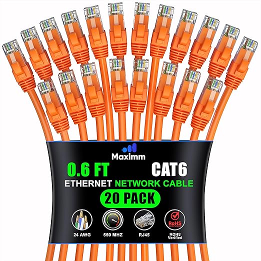 Maximm Cat 6 Ethernet Cable 0.6 ft (20-Pack) - High-Speed LAN Cable, Internet Cable, Patch Cable, and Network Cable - UTP, 10Gbps, 550MHz Ethernet Cord - Orange