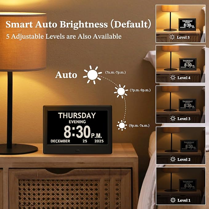 7'' Dementia Clock For Seniors, Large Display Digital Clock With Date, Time, Day Of Week for Elderly, Memory Loss, Alzheimer, 1024*600P HD, 10 Reminders & 6 Alarms, Auto Dimming & DST, Remote Control