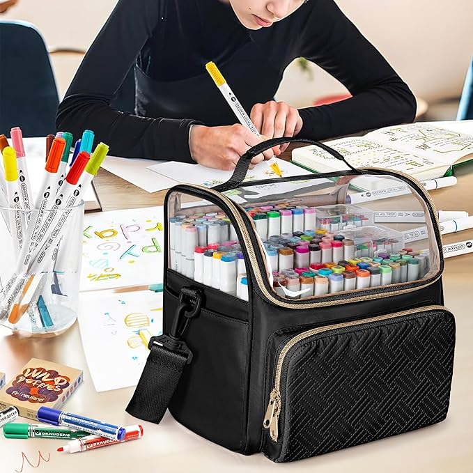 Large Marker Organizer Case for 180 Markers, Marker Storage Bag with Dividers and 4 Pockets for Paint Markers, Paint Brushes, Colored Pencils or Other Art Supplies, Black (Patented Design)