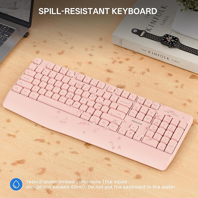 PHILIPS Wireless Keyboard and Mouse Combo-Ergonomic Keyboard and Mouse Wireless Combo with Silent Design,Plug n' Play,Sleep Mode and 2.4GHz Keyboard for Mac, Windows, Laptop-Pink