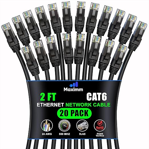 Maximm Cat 6 Ethernet Cable 2 ft (20-Pack) - High-Speed LAN Cable, Internet Cable, Patch Cable, and Network Cable - UTP, 10Gbps, 550MHz Ethernet Cord - Black