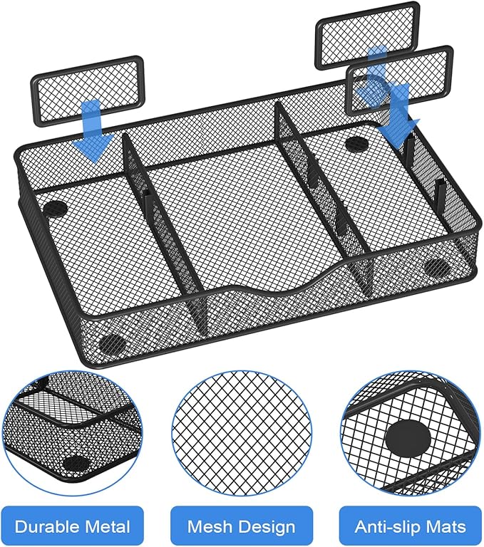 Desk Drawer Organizer, Metal Mesh Drawer Organizer Tray with 6 Adjustable Compartment, Tray Organizer for Desktop, Kitchen, Bathroom, Makeup, Vanity - 14.5x8.8x1.96 inch, Black, 1PC Large
