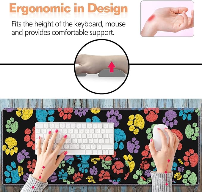 Ergonomic Keyboard Wrist Rest & Mouse Pad Wrist Rest Set,Large XXL Gaming Mousepad 31.5"x 11.8",Memory Foam,Easy Typing Pain Relief,Multifunctional Desk Mat for Office & Home,Colorful Dog Paw Print