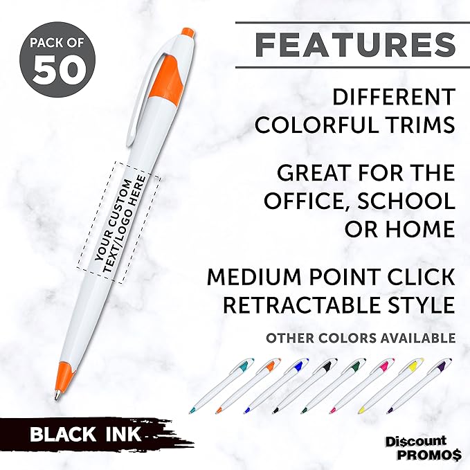 DISCOUNT PROMOS Custom Slim Curvy Ballpoint Pens Set of 50, Personalized Bulk Pack - Black Ink, Retractable, Great for Office, School, Tradeshows - Orange