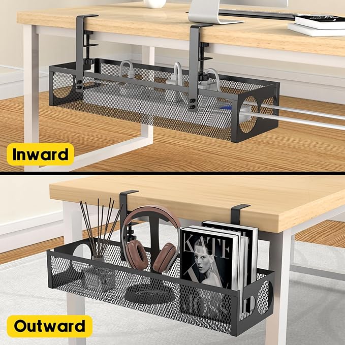 Under Desk Cable Management Tray No Drill 15.1’’, Metal Mesh Cable Management Box with Hybrid Side Slots Cable Raceway,Adjustable Cable Tray with Wire Management for Office Home,1 Pack (Black)