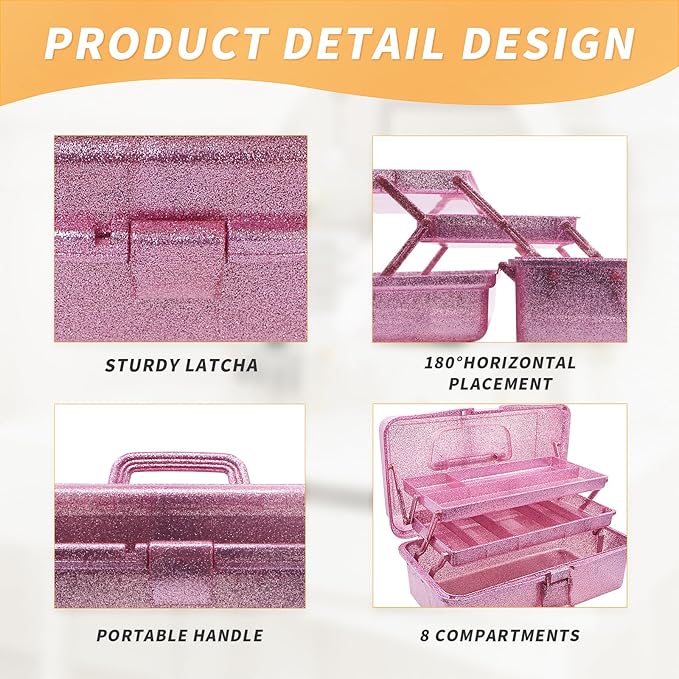 12.2inch 3-Layer Art & Craft Tool Storage Box, Beautiful Sewing Supplies Organizer, Plastic Portable Fishing Tackle Boxes, for Art Supply, Makeup, Hair Accessories, Painting Tools (Pink)