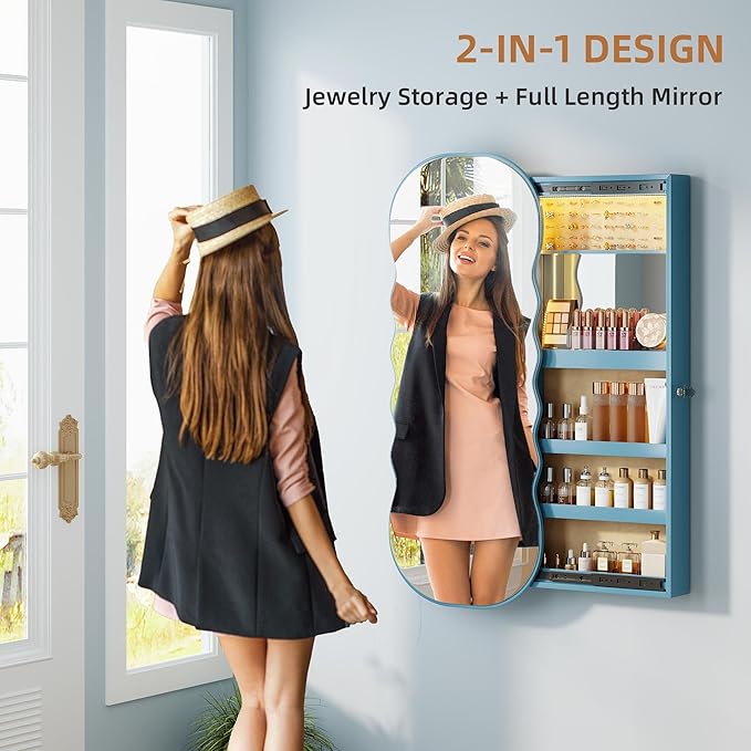 Lvifur Jewelry Armoires with LED Lights, Hanging Jewelry Storage Cabinet Lockable Wavy Mirror Jewelry Organizer, Lockable Frameless Mirror with Storage, LED Jewelry Cabinet Wall/Door Mounted(White)
