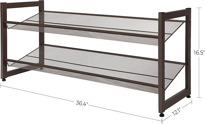 SONGMICS Shoe Rack, 2-Tier Shoe Organizer, Metal Shoe Storage for Garage, Stackable Shoe Shelf, with Adjustable Flat or Angled Shelves, 8-10 Pairs, Bronze ULMR02A