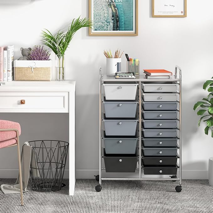 ARLIME 15-Drawer Storage Cart, Grey, Metal and Plastic Frame, Polypropylene Boxes, Rolling Organizer for Office and School