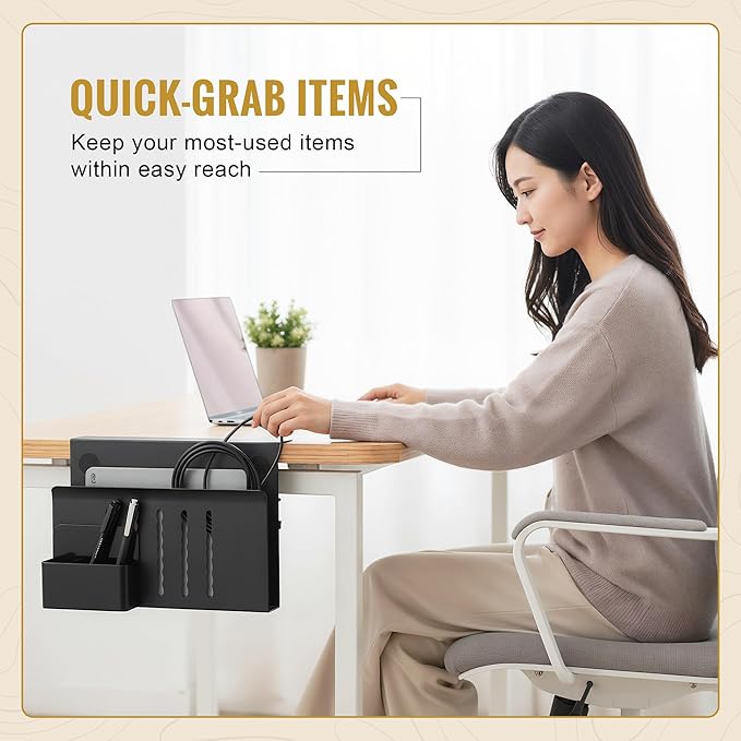 Desk Side Storage, Steel Side Desk Organizer, Clamp on Laptop Mount with Magnetic Pen Holder, No Drill Under Desk Laptop Holder, Table Hanging Storage for Home & Office Organization – Black