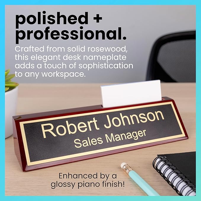 ExcelMark Wood Business Desk Name Plate (Rosewood w/Card Holder)