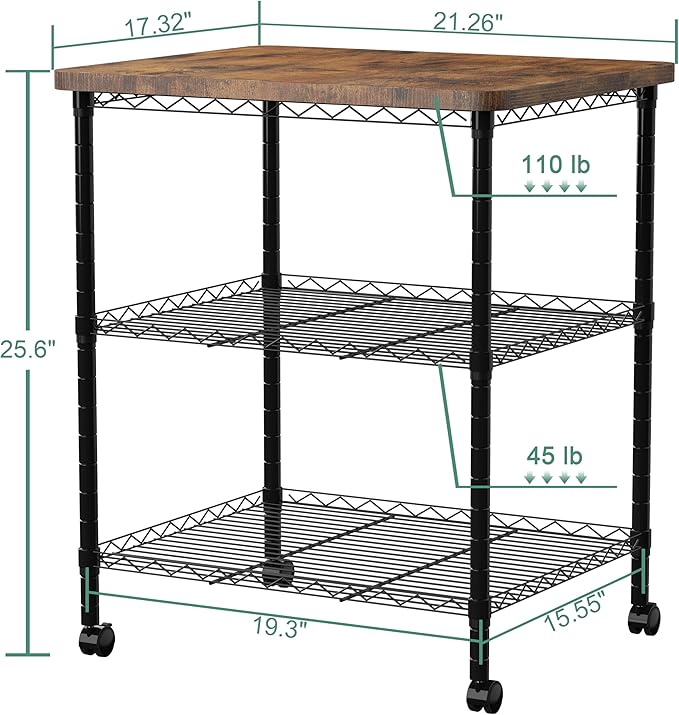 Printer Stand with Locking Wheels, Adjustable Heights 3 Tier Under Desk Table, Rolling Printer Cart Storage Paper Files Holder for Desk, Office, Home, Rustic Brown