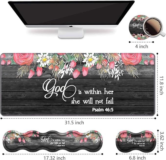 Ergonomic Keyboard Wrist Rest & Mouse Pad Wrist Rest Set,Large XXL Gaming Desk Mat 31.5"x 11.8",Non-Slip Base, Memory Foam,Easy Typing Pain Relief for Office & Home,Floral Quote Bible Verse Psalm 46:5