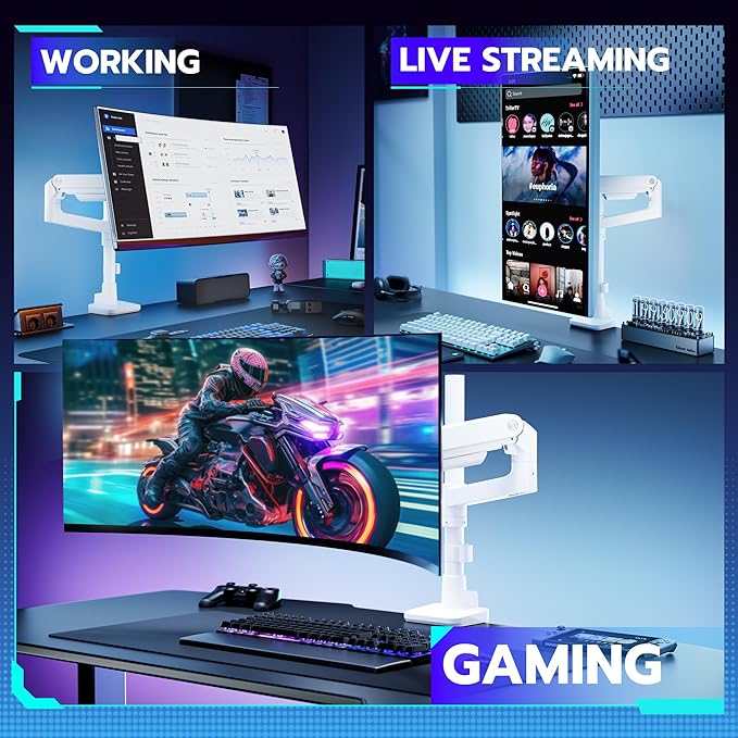 ARES WING Heavy-Duty Monitor Mount for 17-49 inches Ultrawide Curved Flat Monitors Holds 44lbs, with 18" Extended Column for Desk, Adjustable Gas Spring, White