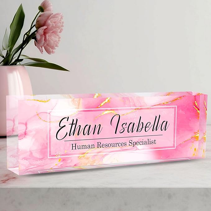 Custom Name Plate for Office - Personalized Desk Decor, Employee Appreciation Gifts - Pink Marble
