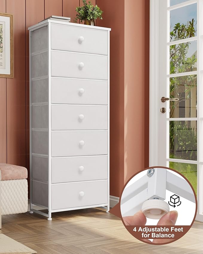 Crestlive Products Tall Dresser, 7-Drawer Fabric Storage Tower, Chests of Drawers - Vertical Organizer Unit for Bedroom, Hallway, Entryway, Nursery, Closets - Steel Frame, Wood Top & Handles (White)