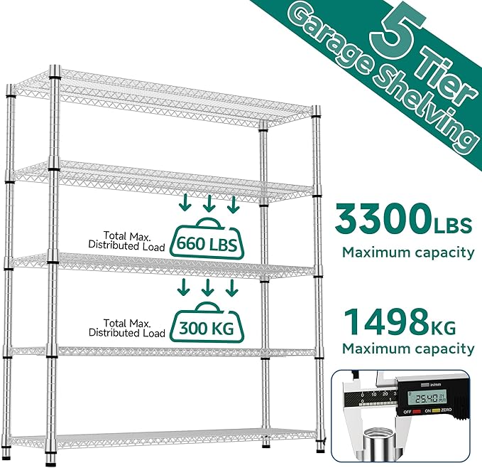 5 Tiers Shelf 3300 lbs Steel Storage Shelving Utility Shelving Unit Steel Organizer Wire Rack for Home,Kitchen,Office,Garage Chrome 17.7" D x 47.2" W x 70.3" H