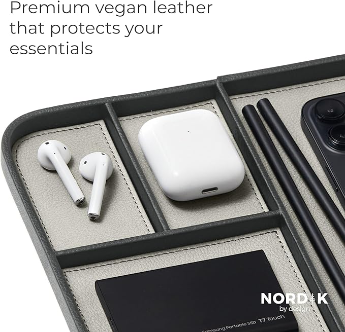 Nordik Leather Valet Tray - Sahara Gray - 9.5 x 7.9 Inch Medium Vegan Leather Tray - Stylish Nightstand Organizer for Men - Modern Bedside Caddy - EDC Catchall for Key Watch Wallet Jewellery