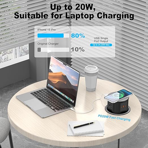 Pop Up Countertop Outlet with 15W Wireless Charger, PD 20W USB-C Ports & 4 AC Outlets, 800J Surge Protection, 4.75 inch Pop Up Receptacle, 6Ft Cord for Home Office(ETL & FCC Listed)