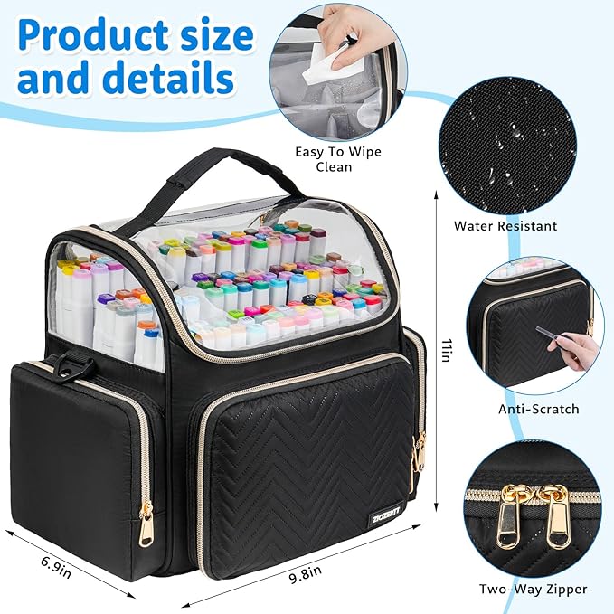 Large Marker Organizer Case for 200-300 Markers,Travel Marker Storage Bag with Dividers and 4 Pockets,Marker Organizer Holder for Paint Brushes,Colored Pencils and Other Art Supplies,Bag Only,Black