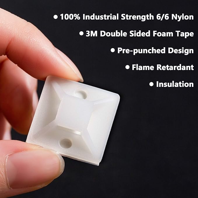 Cable Tie Mounts, Adhesive-Backed, 1 Inch, for Cable Management, Cable Tie Anchors, 100 Pack, White