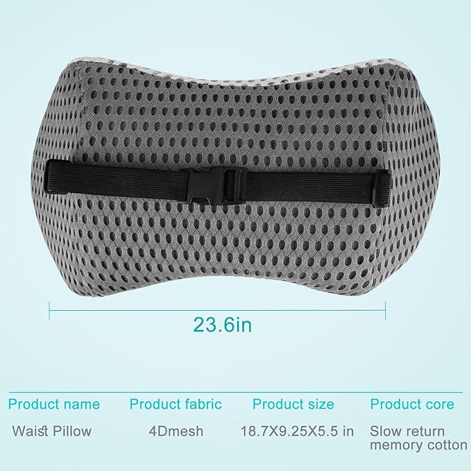 Lumbar Support Pillow with Bandage, Memory Foam pad for Relieving Lower Back Pain, and Back Support pad for Easy Fixation on Office Chair, car, Bed and Other Articles Back Pillow Gray
