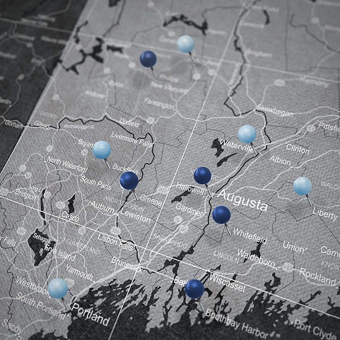 Push Pin Maine Map Board - With Push Pins to Mark Maine Travel - Handmade in Ohio, USA - Design: Modern Slate