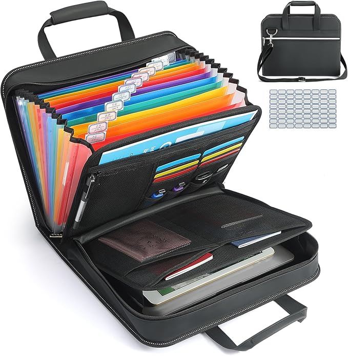 SEEKIND PU Leather Accordion File Organizer with Handle & Strap，12 Pockets Expanding File Folder with Zipper & Labels，Portable Document Organizer File for Letter A4 Files