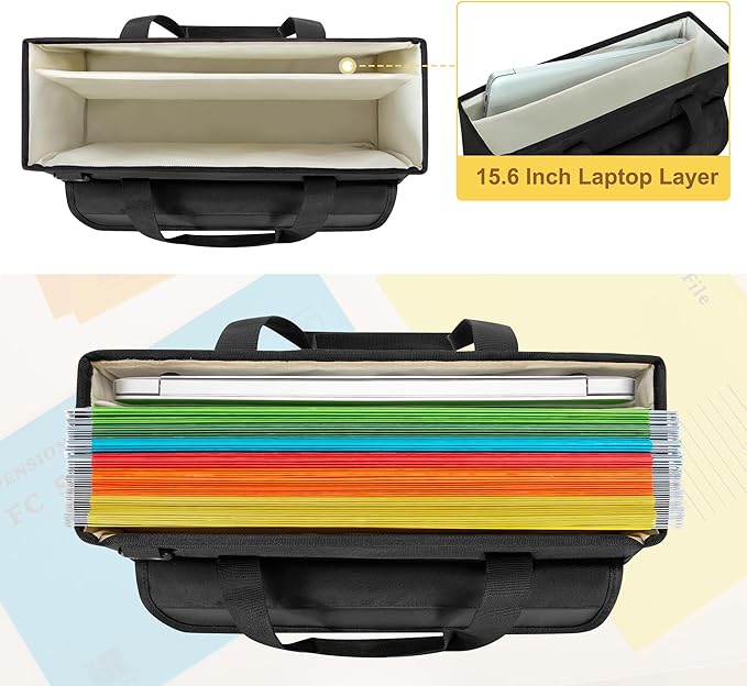 LoDrid Portable File Box with Handle, Foldable Bag for Legal Size File Folder, Separated Storage Laptop Layer (up to 15.6 Inch), Black, Bag Only(Patent Design)