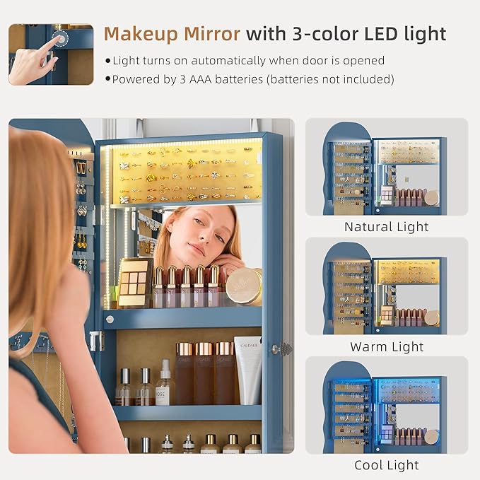 Lvifur Hanging Jewelry Armoires with LED Lights,Blue Jewelry Storage Cabinet Lockable Wavy Mirror Jewelry Organizer, Lockable Frameless Mirror with Storage, LED Jewelry Cabinet Wall/Door Mounted