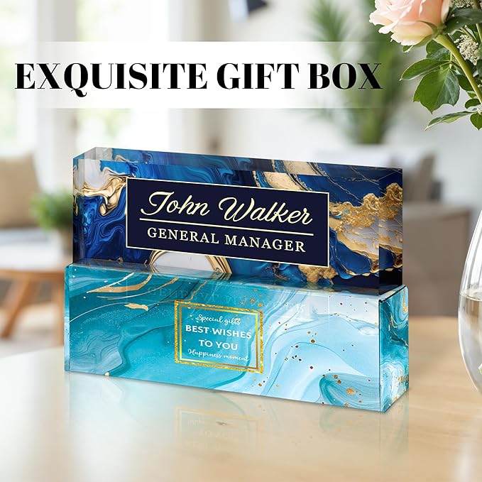 Personalized Name Plate for Desk, Custom Acrylic Desk Name Sign, Office Appreciation Gifts for Women Men Coworkers Boss Teacher Employee (Blue Coast)