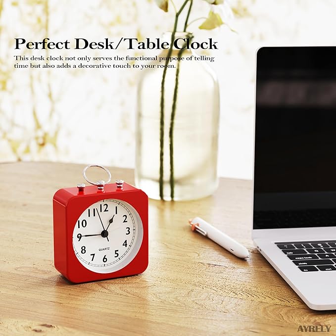 AYRELY® Battery Operated Alarm Clock,Small Retro Table Clock,Slient Metal Desk Clock with Light for Living Room Decor,Bedroom,Bedside,Shelf (Red)