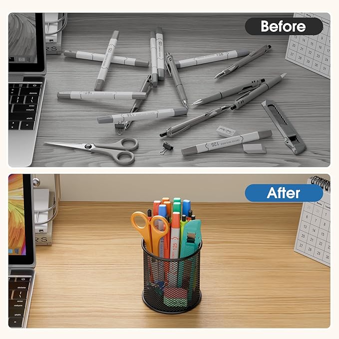 MaxGear Pen Holder, 3 Pack Pencil Holder for Desk, Premium Mesh Metal Desk Organizer with Non-Slip EVA Pad, Desk Accessories & Workspace Organizers for Home, School & Office, Black, 3.7’’ Tall
