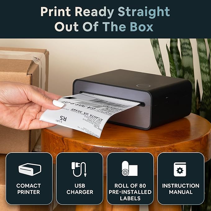 4x6 Thermal Shipping Label Printer - Wireless Bluetooth, Rechargeable Battery, No Ink Needed - for iPhone, Android, Home