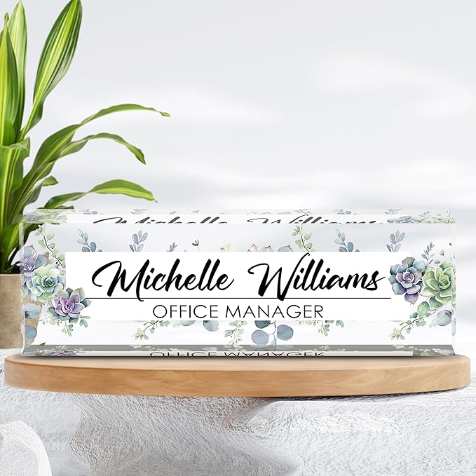 Personalized Name Plate for Desk, Custom Desk Name Plate, Acrylic Name Plate Office Desk Accessories, Personalized Office Gifts for Coworkers Teachers, Employee Appreciation Gifts (A-Never Wither)