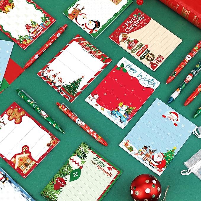 24 Sets Christmas Sticky Notes with Ballpoint Pens, Christmas Notepads Winter Memo Pad Bulk Christmas Gifts for Coworkers Holiday Decoration Party Favors Office Home Supplies