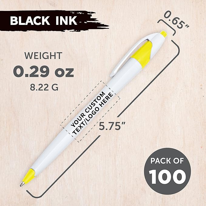 DISCOUNT PROMOS Custom Slim Curvy Ballpoint Pens Set of 100, Personalized Bulk Pack - Black Ink, Retractable, Great for Office, School, Tradeshows - Yellow