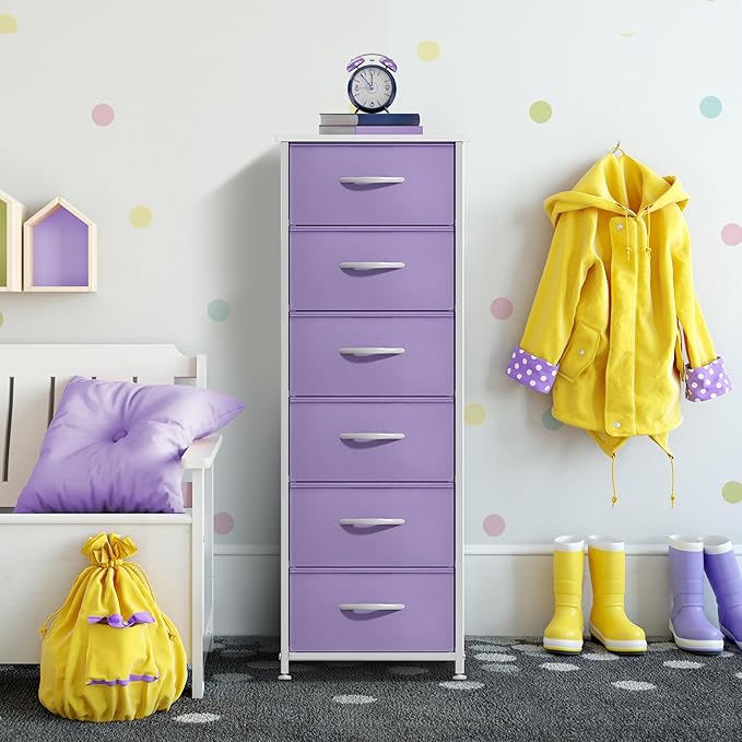 Sorbus Fabric Dresser for Kids Bedroom - Chest of 6 Drawers, Tall Storage Tower, Clothing Organizer, for Closet, for Playroom, for Nursery, Steel Frame, Fabric Bins - Wood Handle (Purple)