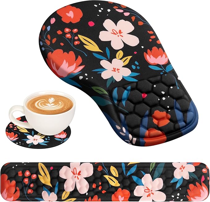 EYROZILL 3 in 1 Ergonomic Mouse Pad and Keyboard Wrist Rest, Cute Mouse Pad with Wrist Support Massage Design, Non-Slip Wrist Pad for Mouse, Desk Mouse Set(Flower)