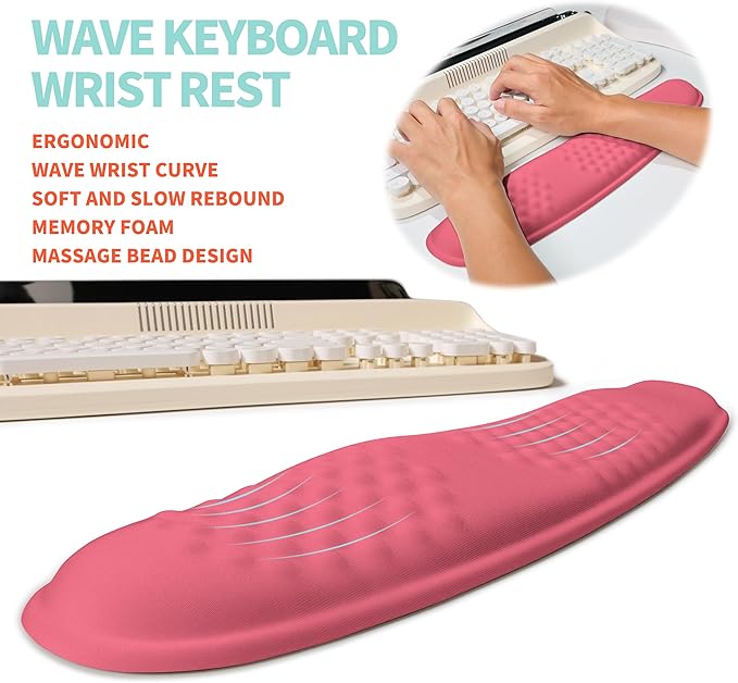 2-in-1 Ergonomic Set, Wave Rise Keyboard Wrist Rest and Massage Bulge Slope Mouse Pad Wrist Support, Cushion Memory Foam Integrated to Relieve Wrist Pain, Muskmelon Pink