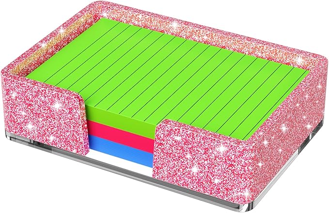 Sticky Note Holder, Glitter Pink Acrylic Notepad Holder 4x6 in Self-Stick Note Dispenser Office Desk Accessories, Memo Pad Holder Organizer for Classroom School Supplies