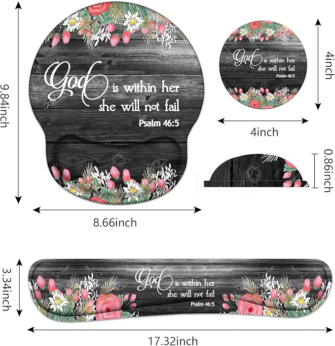 Keyboard Wrist Rest and Mouse Pad Wrist Support Set with Coasters, Ergonomic Gaming Mousepad for Home Office Working Studying Easy Typing & Pain Relief, Floral Quote Bible Verse Psalm 46:5