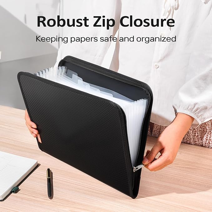 Sooez 13 Pocket Accordion File Organizer, Zipper Expanding File Folder Organizer, Reinforced Plastic Accordion Folder, A4 Letter Size, Portable Folders for Documents, Black