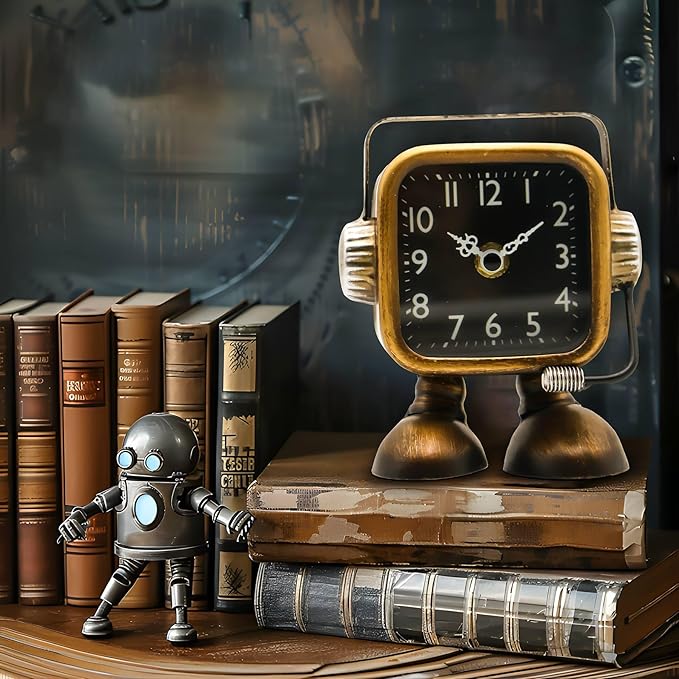 YOUKI Retro Steampunk Style Robot Table Clock,Industrial Style Desk and Shelf Clocks,Decorative Battery Operated,Silent Non-Ticking Clock for Office, Living Room or Bedroom