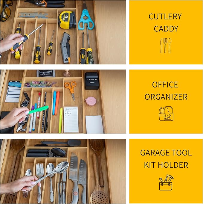 Cutlery Drawer Organizer for Kitchen Utensils, 13-20 Inches Expandable Bamboo Utensil Tray, Large Wooden Silverware Organizer Insert for Kitchen Drawers