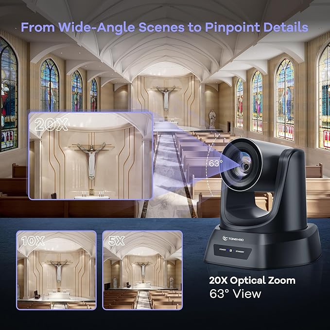 TONGVEO PTZ Camera 20X Optical Zoom HDMI IP Live Streaming SDI USB3.0 1080P 60fps PoE Supports for Church Services Worship Education Video Conference with OBS vMix Wirecast Zoom YouTube and More