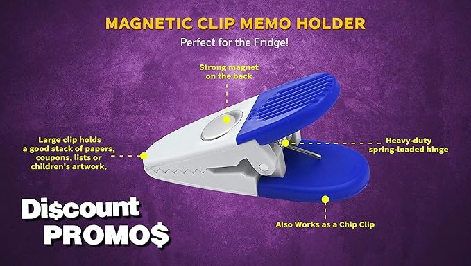 10 Magnetic Memo Holders Set - Large Clip, Plastic - White Blue